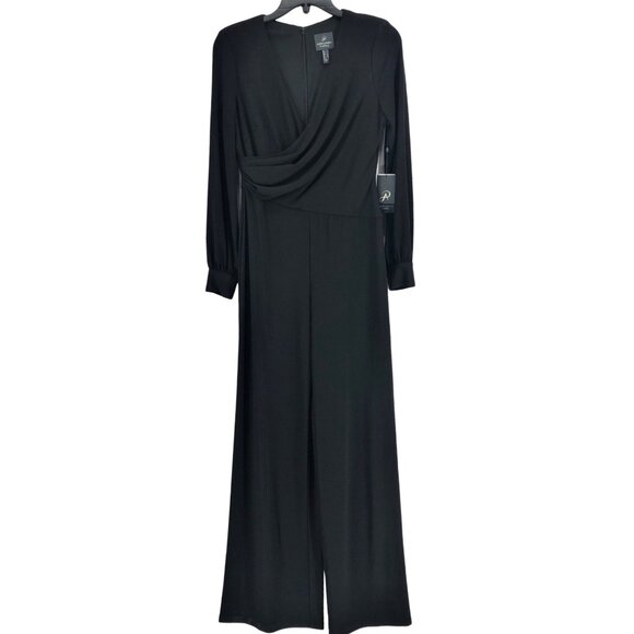 Adrianna Papell Black Matte Jersey Jumpsuit Womens 2 Surplice Bodice New - Picture 4 of 6